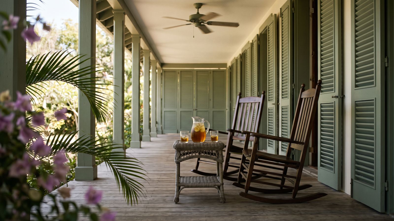 A quiet resort terrace at dusk, waiting to be used